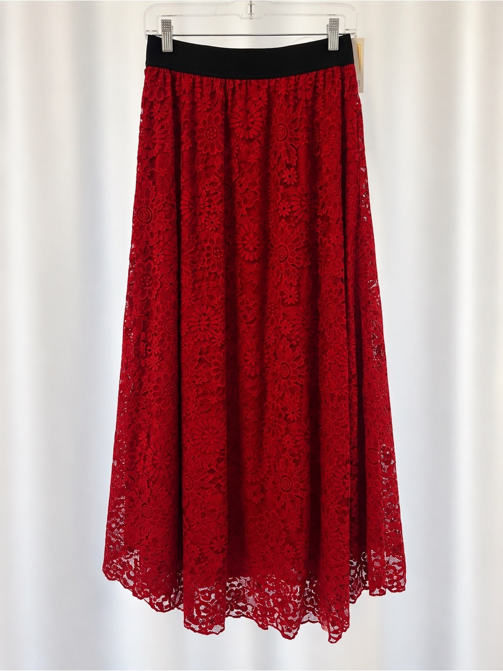 LuLaRoe Red Lace Maxi Skirt with Black Waistband